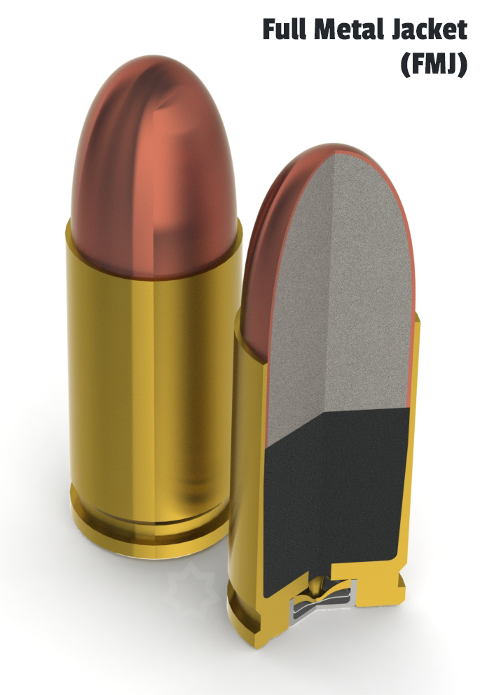Cutaway view of 9mm full metal jacket (FMJ) ammo